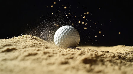 Slow-motion style capture of a golf ball being struck in a sand bunker, with grains of sand suspended mid-air.の素材