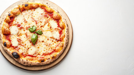 A cheese pizza on a wooden board placed on a seamless white backgroundの素材