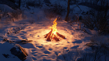 A campfire glowing warmly in the center of a snowy campsite, with no footprints or signs of people around.の素材
