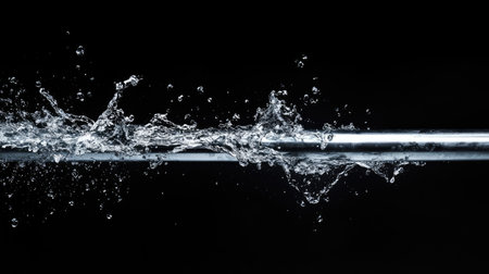Water splashing out from a faulty joint in a stainless steel pipe, isolated with dramatic lighting on a black background.の素材
