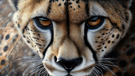 A mesmerizing closeup of a cheetahs face, showing its powerful expression and detailed fur, with the wilderness blurred in the background.の素材