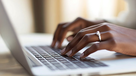 A businesswoman wearing glasses typing on a sleek laptop in a cozy home office setupの素材