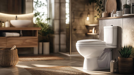 A white toilet bowl with a cozy, stylish seat cover, positioned in a well-lit bathroom with modern decor accents.の素材