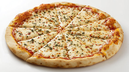 A cheese pizza topped with oregano and chili flakes, displayed on a white surfaceの素材