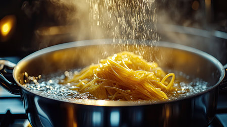 Spaghetti slowly sinking into a pot of boiling water, with the stove burner glowing brightly beneath.の素材