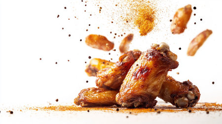 Roasted chicken wings with a burst of spices flying above them, adding a flavorful touch, isolated on a white background.の素材