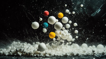 Tiny Styrofoam balls in assorted colors exploding in mid-air with a dark, moody background for contrast.の素材