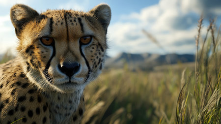A closeup of a cheetah in the wild, capturing the power in its eyes and the graceful texture of its fur, set against a vast landscape.の素材