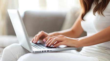A businesswoman in casual attire typing on a laptop while working from home on a sofaの素材