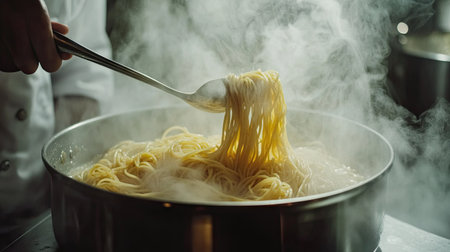 Steam wafting from a pot filled with boiling water and spaghetti, with a chef's hand holding a stirring spoon.の素材