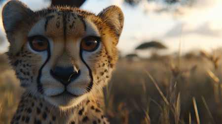 An amazing cheetah closeup shot, highlighting its piercing eyes and intricate fur patterns, set against a blurred savanna backdrop.の素材