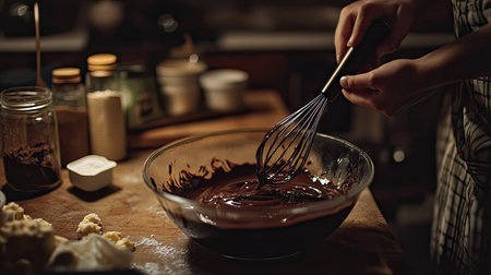 A bowl of melted chocolate being whisked by hands, surrounded by baking ingredients on a kitchen counterの素材