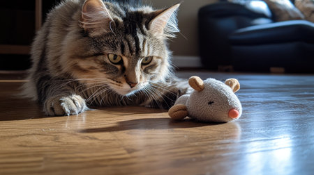 A cat enjoying playtime with a soft toy mouse, batting it around on the floor, with a playful and curious expression.の素材