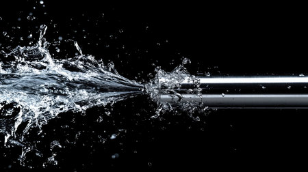 Water splashing out from a faulty joint in a stainless steel pipe, isolated with dramatic lighting on a black background.の素材