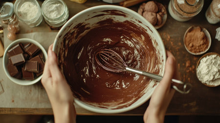 A bowl of rich, melted chocolate in hands with a whisk, surrounded by baking ingredients and utensilsの素材
