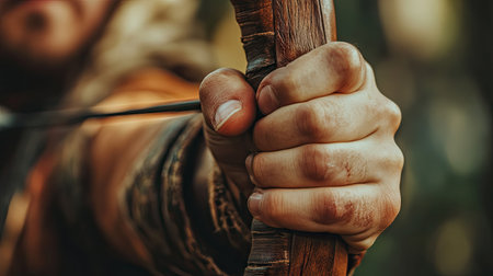 A close-up of an archer's hand gripping the bowstring, ready to release the arrowの素材