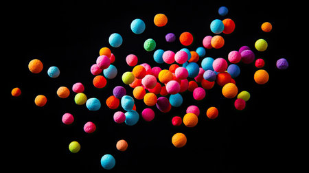 Styrofoam mini balls in vibrant hues floating mid-air as they scatter in a dramatic explosion on a black background.の素材