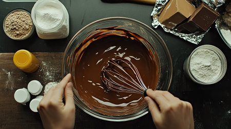A bowl of melted chocolate being whisked by hands, surrounded by baking ingredients on a kitchen counterの素材