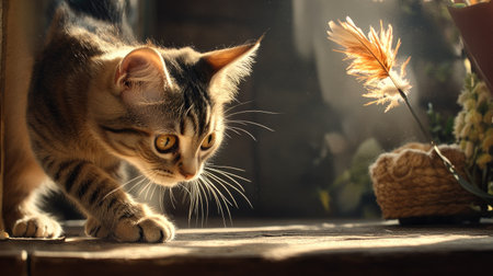 A cat focused on a feather toy, its eyes locked on the target as it prepares to leap, creating an exciting and energetic atmosphere.の素材