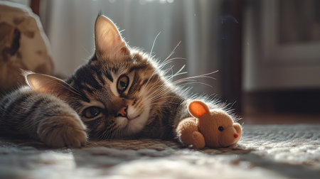 A cat enjoying playtime with a soft toy mouse, batting it around on the floor, with a playful and curious expression.の素材