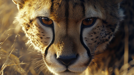 A mesmerizing closeup of a cheetahs face, showing its powerful expression and detailed fur, with the wilderness blurred in the background.の素材