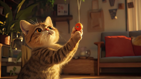 A cat swatting at a toy hanging from a string, looking up with focused eyes, set in a cozy, homey living room environment.の素材