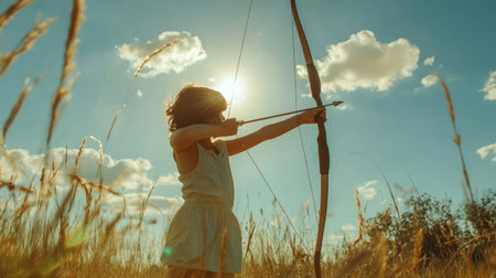 A child holding a bow, carefully aiming at a practice target on a sunny dayの素材