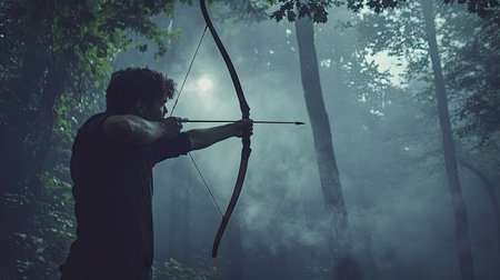 A cinematic view of a young man aiming a bow in a foggy forest, his eyes locked on a targetの素材