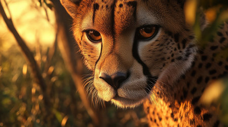 A stunning closeup of a cheetah, emphasizing its graceful coat and powerful expression, with natural lighting highlighting its features.の素材