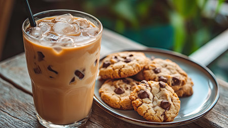 A close-up of an iced coffee next to a plate of warm cookies on a hot summer dayの素材