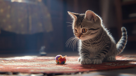 A cat sitting on a rug, happily playing with a small toy, with its tail curled and its paws engaged in a playful moment.の素材