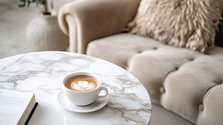 A close-up of a marble coffee table with a cup of coffee and a book on a cozy sofaの素材