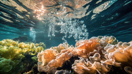 An underwater shot with bubbles rising, bathed in sunlight that creates patterns on the ocean floorの素材