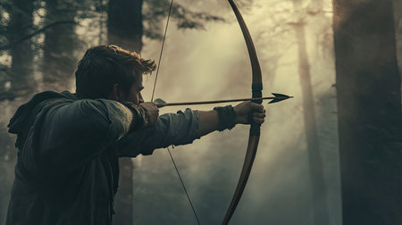 A cinematic view of a young man aiming a bow in a foggy forest, his eyes locked on a targetの素材