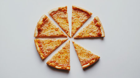 A cheese pizza sliced into eight pieces, arranged neatly on a white backgroundの素材
