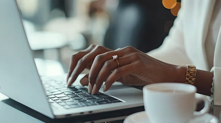 A close-up of a businesswoman's hands typing on a laptop keyboard with a coffee cup beside herの素材