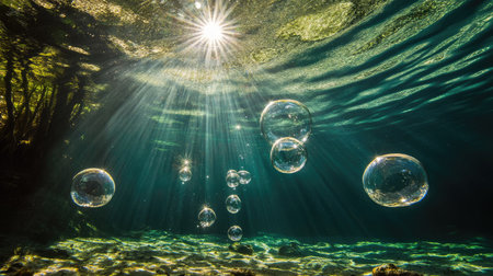 A calm underwater environment with sunlight scattering across the water and floating bubblesの素材