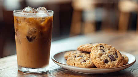 A close-up of an iced coffee next to a plate of warm cookies on a hot summer dayの素材