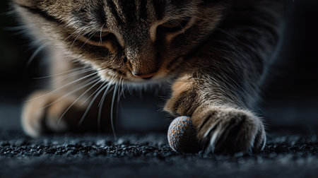 A close-up of a cat's paw as it plays with a small toy ball, captured in high detail, with its fur and claws clearly visible.の素材