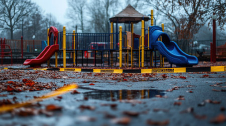 A child's playground closed off with yellow and black barricade tape during a cloudy dayの素材