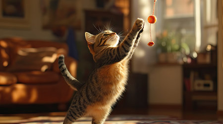 A cat happily chasing a toy on a string, its body stretched in mid-motion, captured in a warm and inviting home environment.の素材