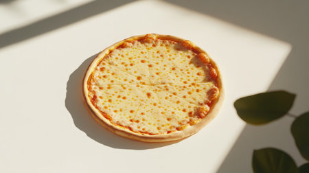 A cheese pizza in a minimalistic setting with clean shadows on a white backdropの素材
