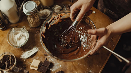 A bowl of freshly melted chocolate in hands with a whisk, surrounded by baking ingredients and toolsの素材