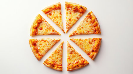 A cheese pizza sliced into eight pieces, arranged neatly on a white backgroundの素材