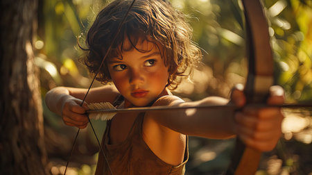 A child holding a bow, carefully aiming at a practice target on a sunny dayの素材