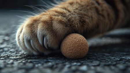 A close-up of a cat's paw as it plays with a small toy ball, captured in high detail, with its fur and claws clearly visible.の素材