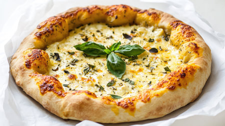 A cheese pizza with a rustic crust and visible herbs, photographed on a white backgroundの素材