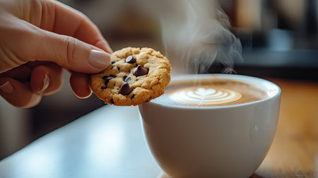 A close-up of a hand dipping a chocolate chip cookie into a steaming cup of coffee on a kitchen tableの素材