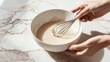A bowl of melted milk chocolate and a whisk held by hands, placed on a countertop for cake decorationの素材
