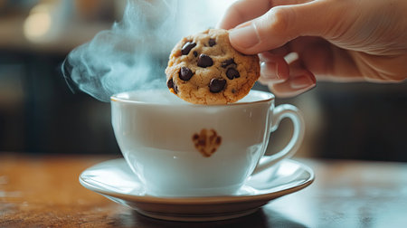 A close-up of a hand dipping a chocolate chip cookie into a steaming cup of coffee on a kitchen tableの素材